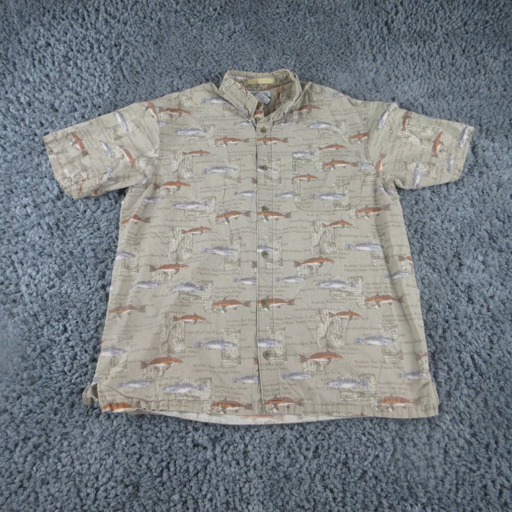 Columbia Shirt Men's Large Tan Beige Fish Print River Lodge Short Sleeve